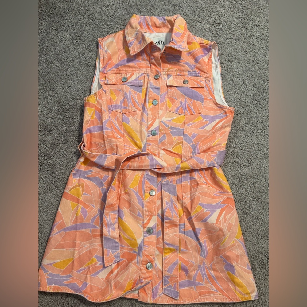 Zara , Vibrant print denim dress with belt